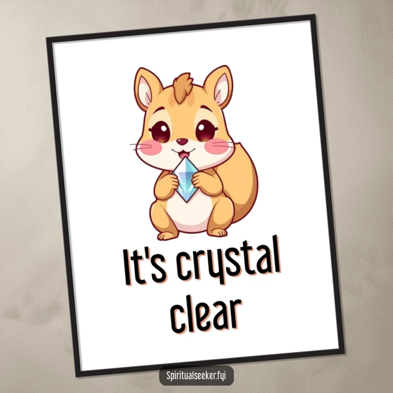 Funny digital art print of a delighted squirrel holding a crystal shard, radiating happiness and whimsy, perfect for printable wall decor, funny gift.