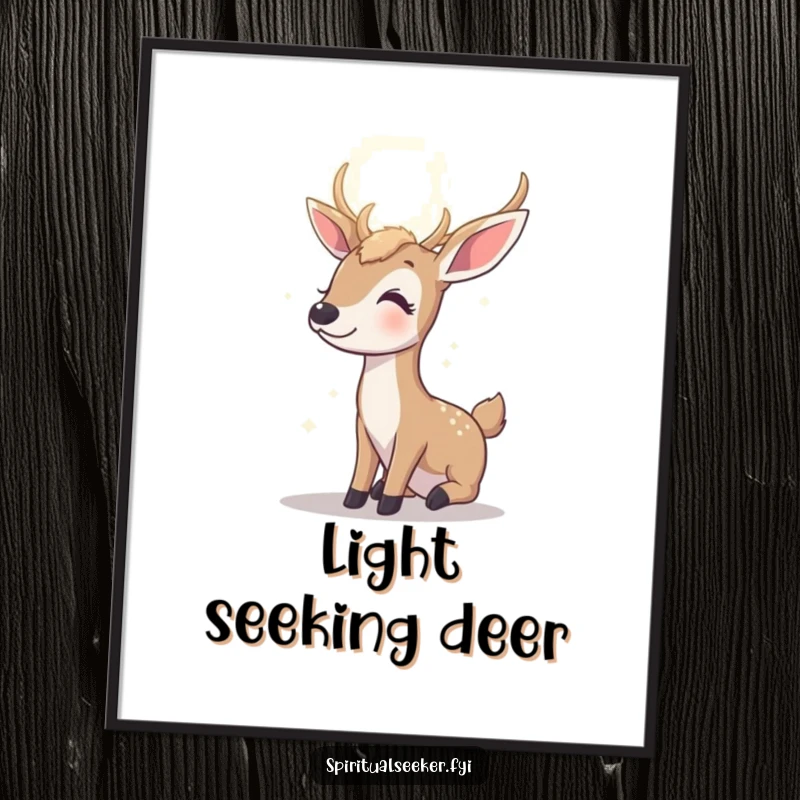 Funny contented deer digital art print, a downloadable image of a peaceful deer gazing at a radiant light, perfect for hopeful and humorous decor.