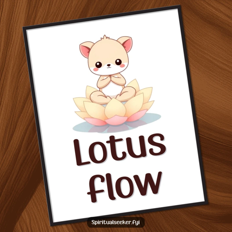 Funny Kawaii animal meditating serenely on a floating lotus flower, available as a digital art print for instant, peaceful, and humorous decor.