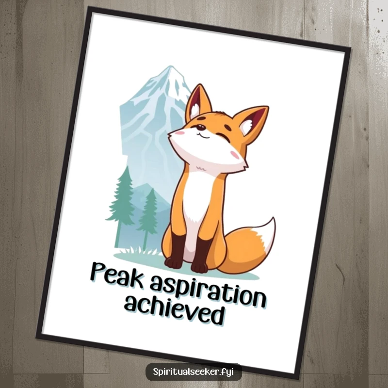 Funny Fox Digital Art Print: A determined fox reaching towards a mountain peak, bringing humorous ambition to wall decor.