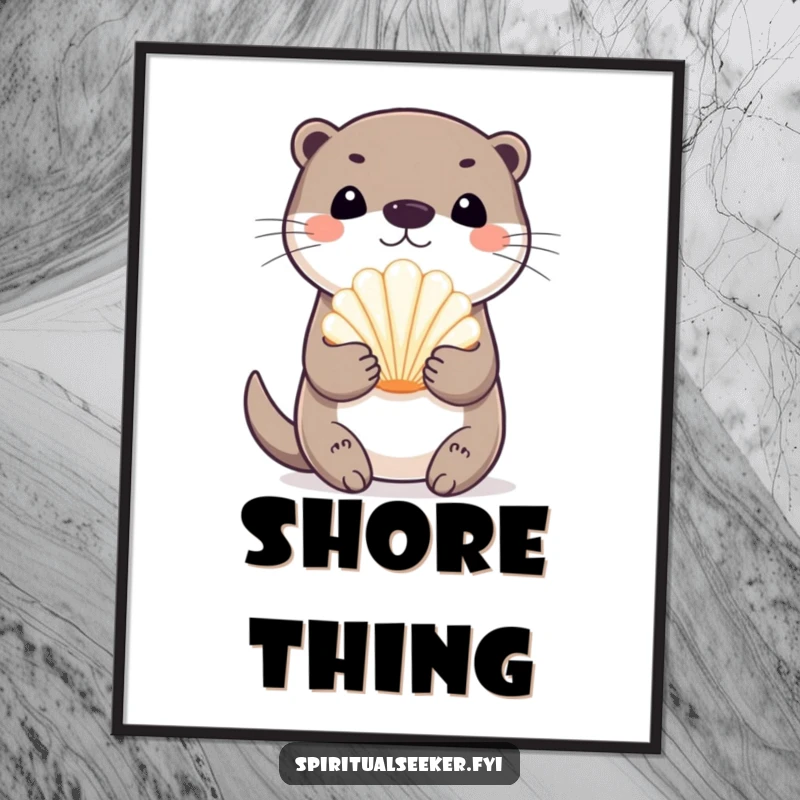 Funny playful otter digital art print, showing a happy otter clutching a radiant seashell. Perfect for charming and humorous coastal wall art.