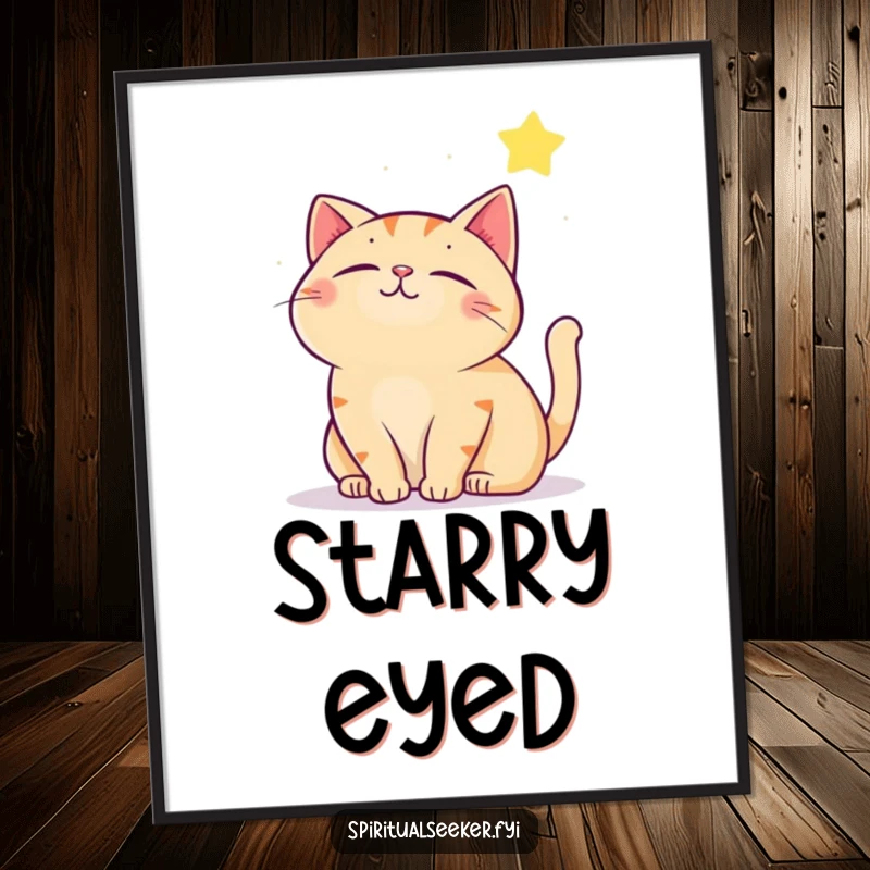 Funny contented cat digital art print, showing a cat peacefully gazing at a twinkling star. Perfect for whimsical and charming wall art.