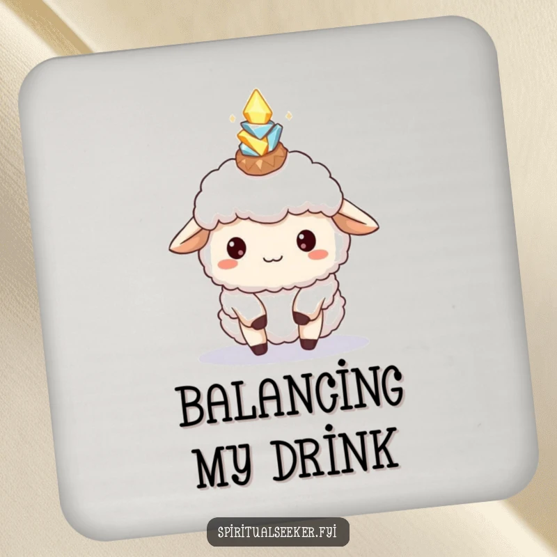 Funny Sheep Coaster: A humorous sheep balancing glowing crystals, protecting surfaces with charm and wit.