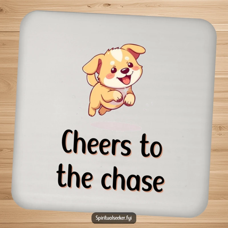 Funny drink coaster with a playful dog chasing a shimmering ethereal light, offering humorous surface protection.