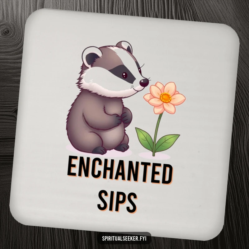 Funny drink coaster with a thoughtful badger observing a magical flower, offering protection with a hint of woodland fantasy.