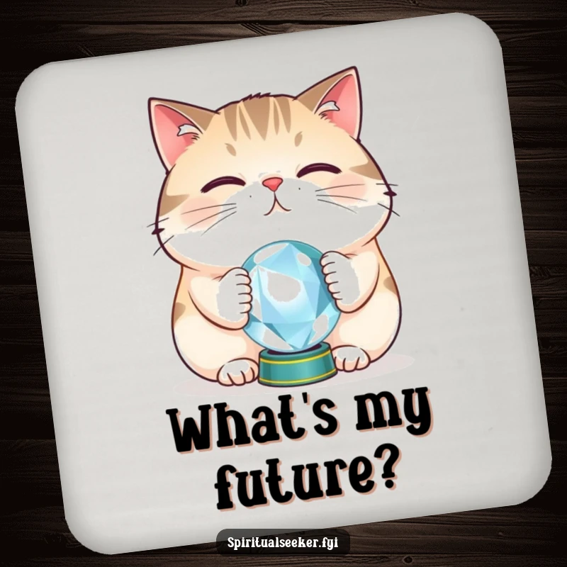 Funny cat crystal ball coasters showcasing a plump feline balancing a tiny orb, offering protection with a dash of playful mystique.