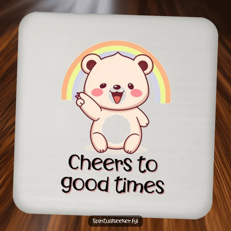 Funny coasters: A cheerful bear highlights a vibrant rainbow, adding a touch of joy to your table.