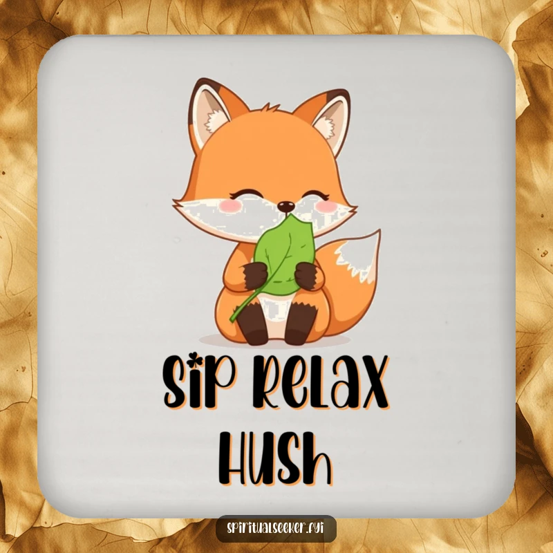 Funny coasters: A mindful fox holds a tranquil leaf, protecting surfaces with gentle humor.