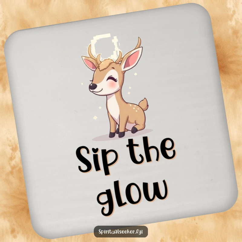 Funny contented deer coaster, featuring a peaceful deer gazing at a radiant light, adding hopeful humor to tabletops.