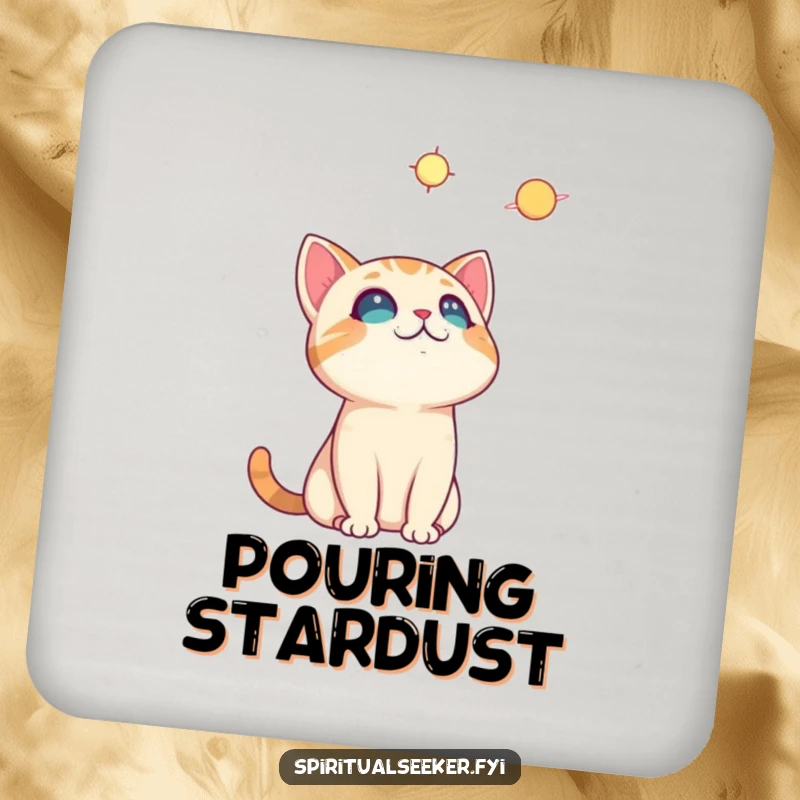 Funny curious cat coaster, featuring a cat looking at the stars, adding whimsical humor to tabletops.