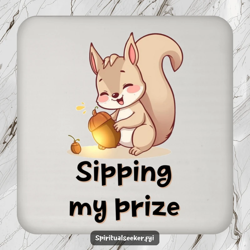 Funny drink coaster featuring a giggling squirrel finding a softly glowing acorn, bringing playful charm.