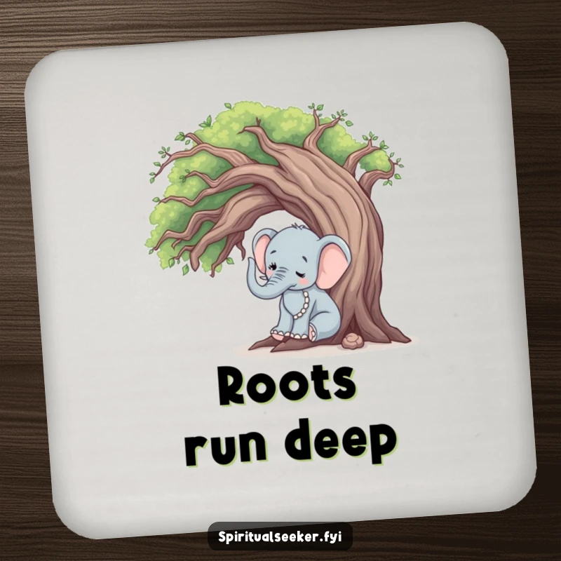 Funny elephant tree hugger coaster, a peaceful elephant touching an old tree, functional and serene home accessory.