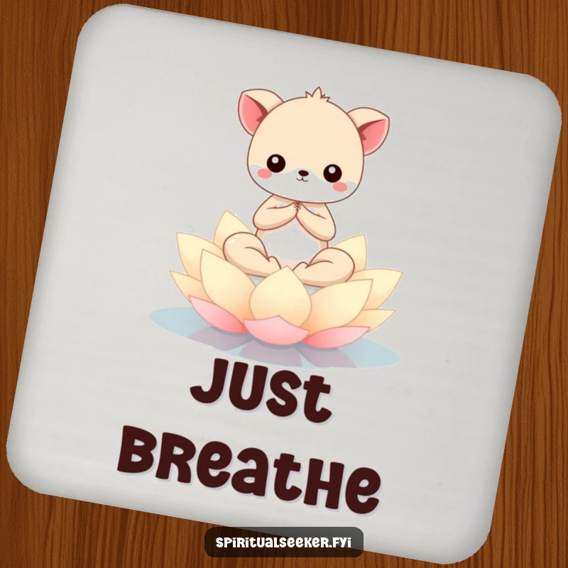 Funny Kawaii animal meditating serenely on a lotus flower, depicted on coasters to add humorous, protective flair to any tabletop.