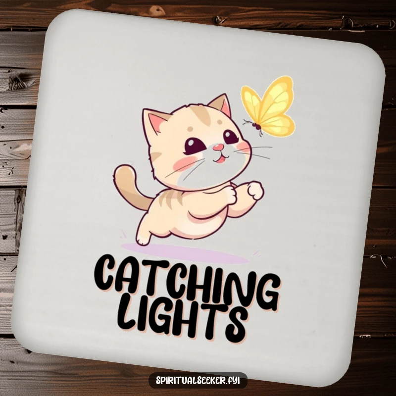 Funny kawaii cat coaster featuring a playful cat hunting a butterfly, protecting furniture with humorous charm.