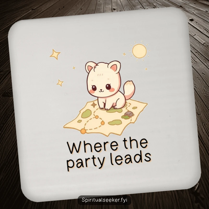 Funny Kawaii animal coasters set depicting a character navigating a mystical map, adding whimsical protection to surfaces.