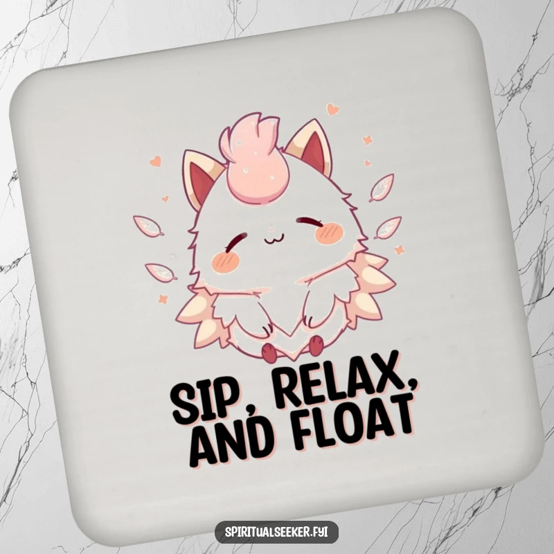 Funny Kawaii creature coasters set featuring a peaceful smile and soft floating feathers, adding whimsical protection.