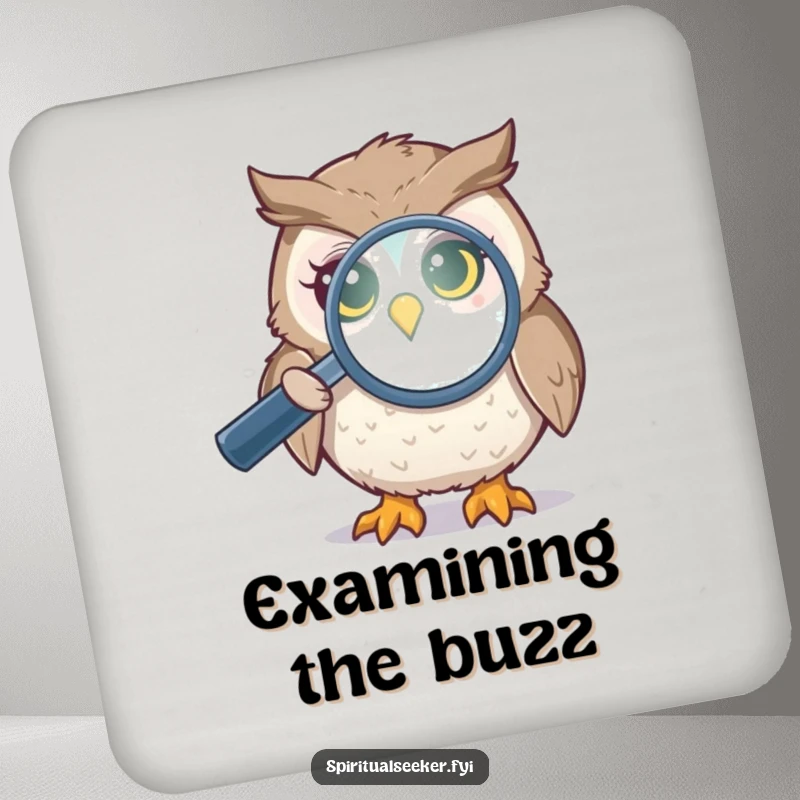 Funny owl aura coasters showcasing a curious bird examining a shimmering aura, offering protection with a dash of mystical humor.