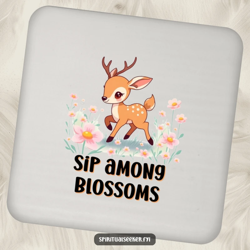 Funny deer coaster showing a playful character prancing through a field of magical, glowing flowers.