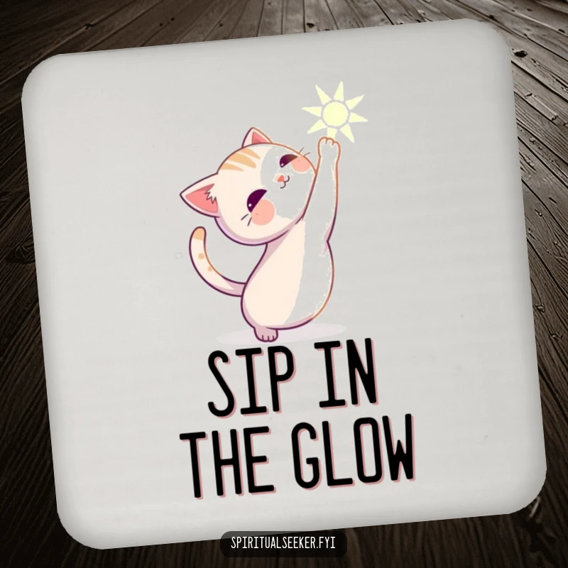 Funny cat coaster showing a serene character stretching gracefully towards a gentle beam of light.