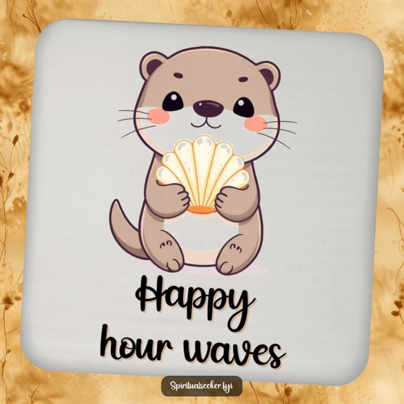 Funny playful otter drink coaster, depicting an otter holding a seashell. Protects surfaces with charming whimsy and a touch of humor.