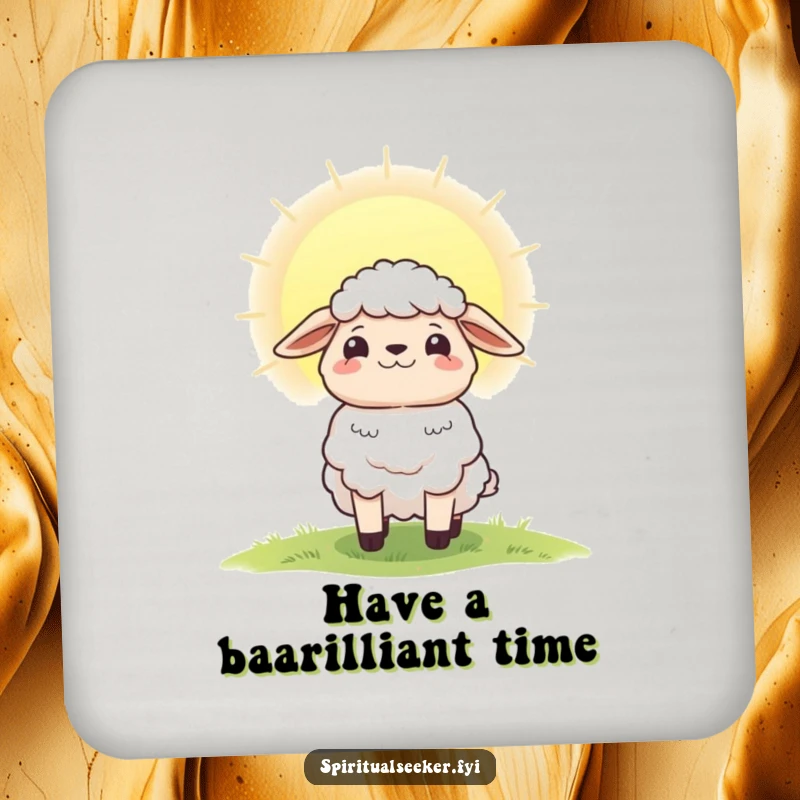 Funny drink coaster featuring a hopeful sheep character and a radiant dawn, adding charm and protection to tables.