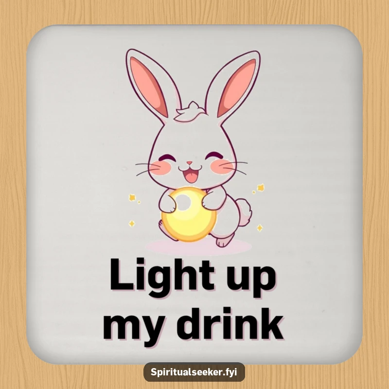 Funny joyful rabbit coaster, featuring a happy rabbit chasing a glowing orb, adding playful humor to tabletops.