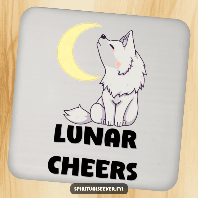 Funny drink coaster with a peaceful wolf howling at a crescent moon, perfect for adding a touch of nocturnal calm.