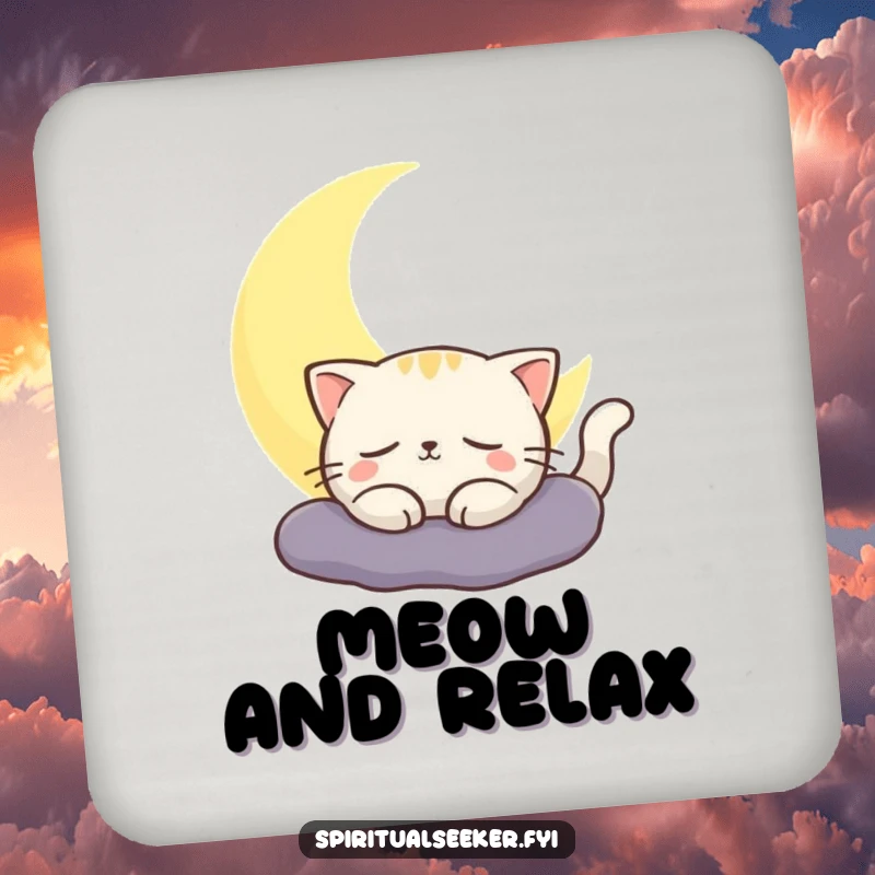 Funny cat drink coaster showing a contented cat basking in the glow of a crescent moon. Protects surfaces stylishly.