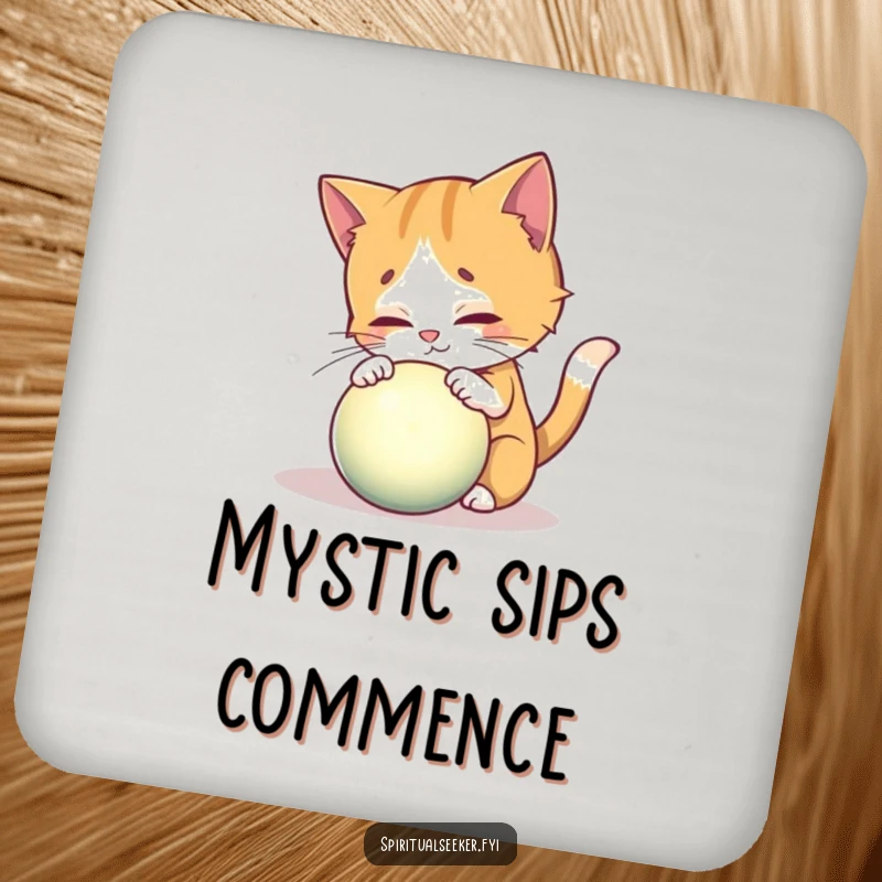 Funny drink coaster showing a curious cat exploring a glowing mystical orb, offering humorous surface protection.
