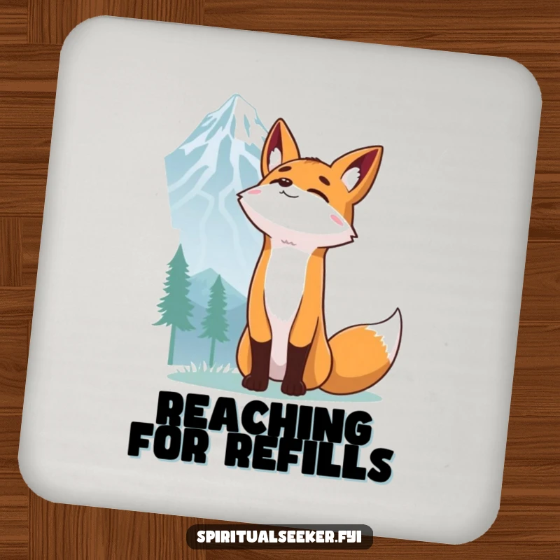Funny Fox Coaster: A determined fox reaching for a mountain peak, offering humorous surface protection.