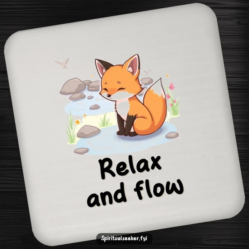 Funny serene fox coaster, featuring a peaceful fox by a stream, adding calm humor to tabletops.