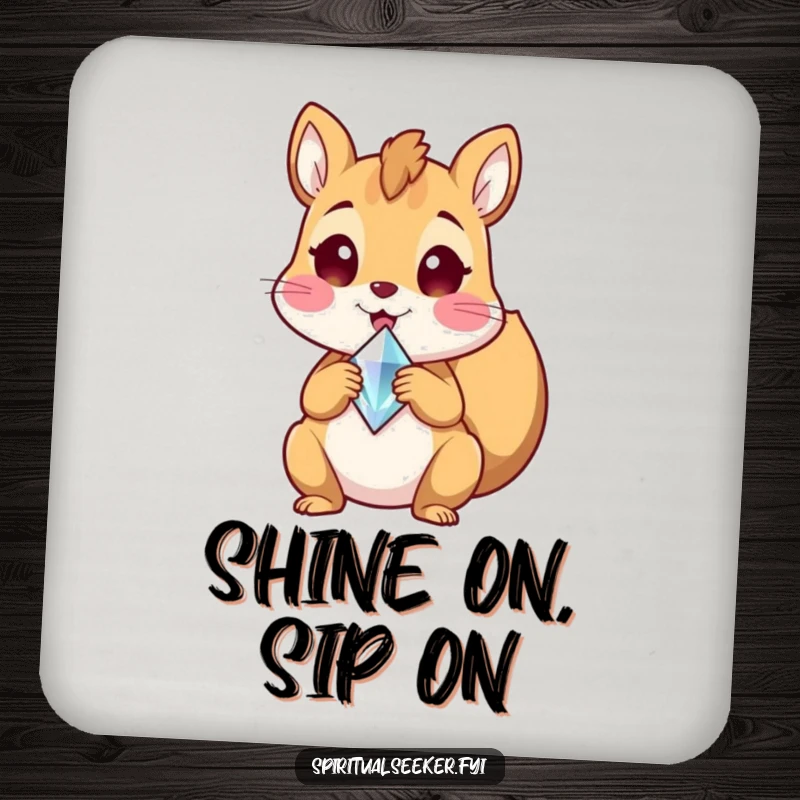 Funny drink coaster featuring a delighted squirrel holding a crystal shard, perfect for protecting surfaces with a touch of sparkle, a lovely funny gift.