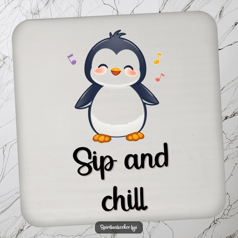 Funny drink coasters with a cheerful penguin character listening to nature sounds, adding a humorous and protective touch to tables.