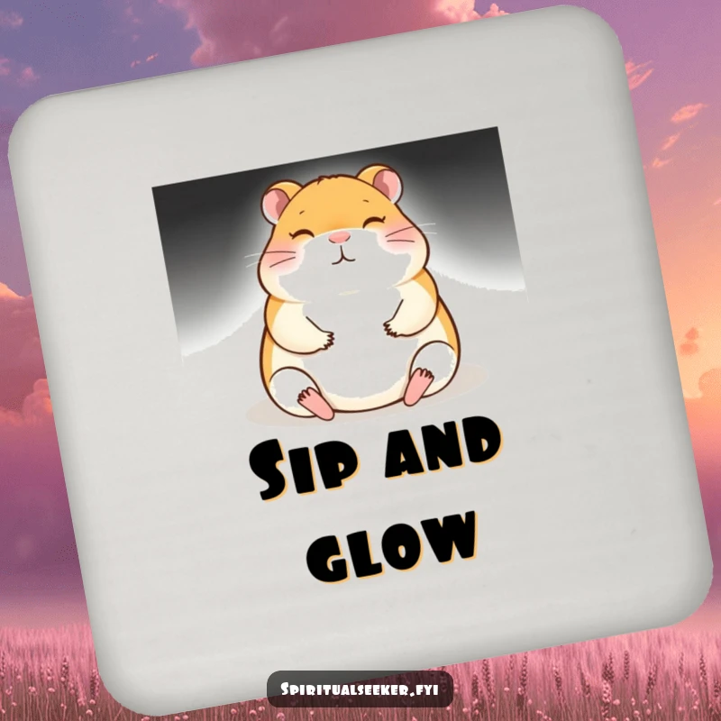 Funny meditating hamster drink coaster, glowing subtly, protecting furniture with a humorous and zen aesthetic. Ideal for any home bar.