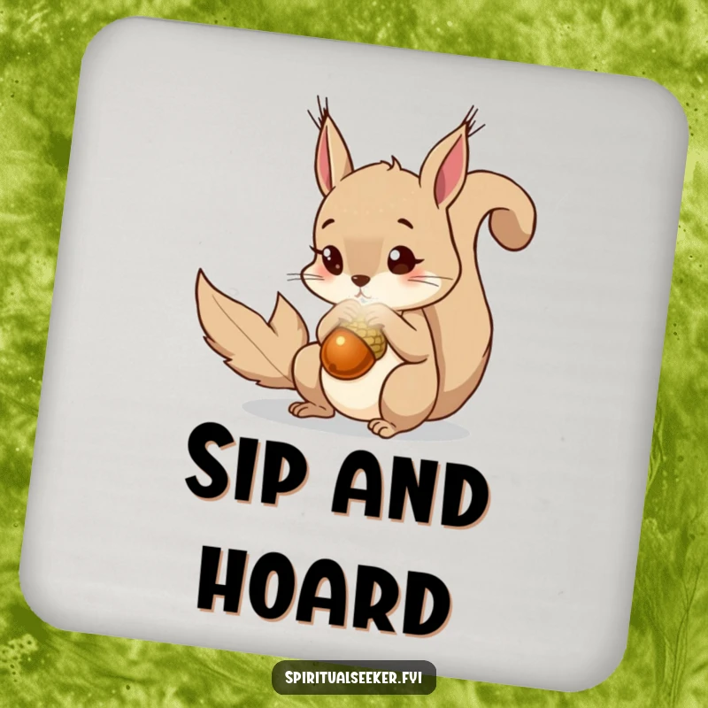 Funny squirrel drink coaster showing a curious squirrel staring at a magical acorn. Protects surfaces with charm.
