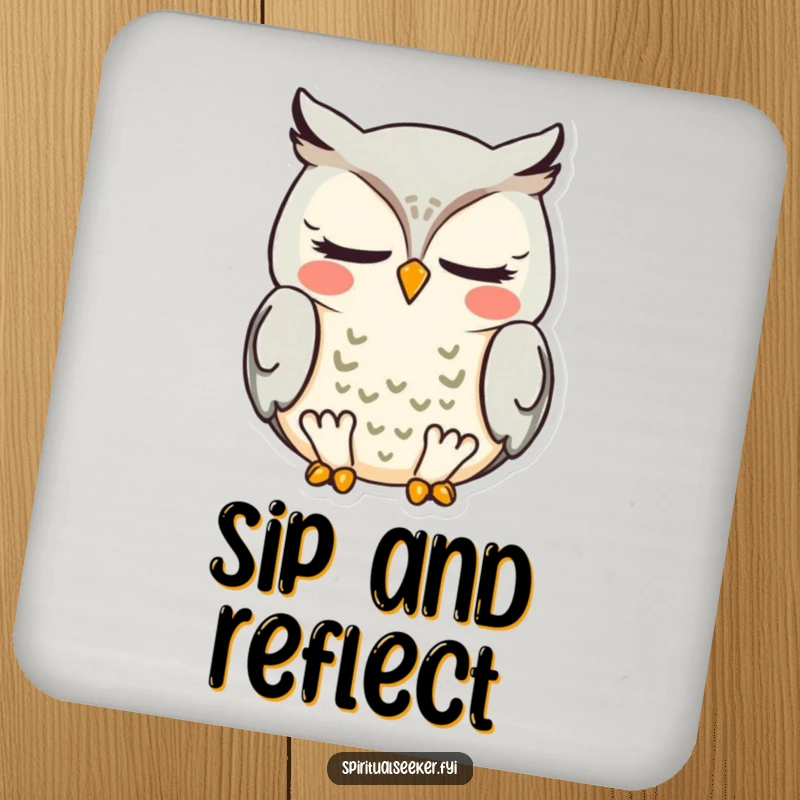 Funny meditating owl coaster, featuring a peaceful owl meditating, adding a touch of serene humor to any tabletop.