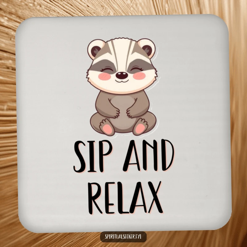 Funny Badger Coaster: A meditating badger with a peaceful smile, offering humorous surface protection.