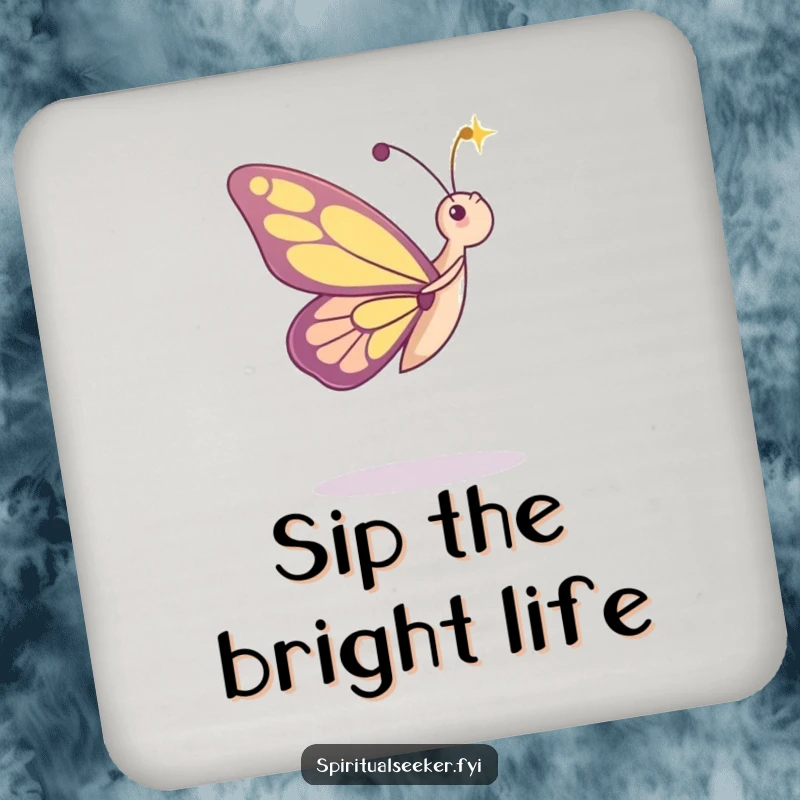 Funny drink coasters with a dancing butterfly character admiring a beam of light, adding a humorous and protective touch to tables.