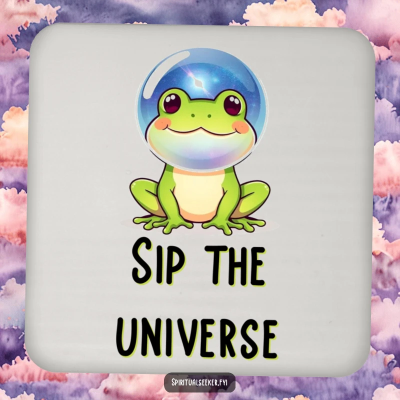 Funny frog galaxy bubble coasters showcasing a happy amphibian blowing a bubble reflecting a miniature universe, offering protection with cosmic humor.