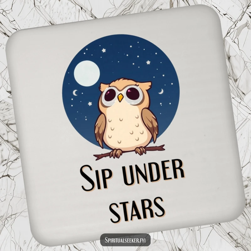 Funny calm owl coasters with a character gazing at a starry night sky with wonder, protecting furniture with celestial humor.