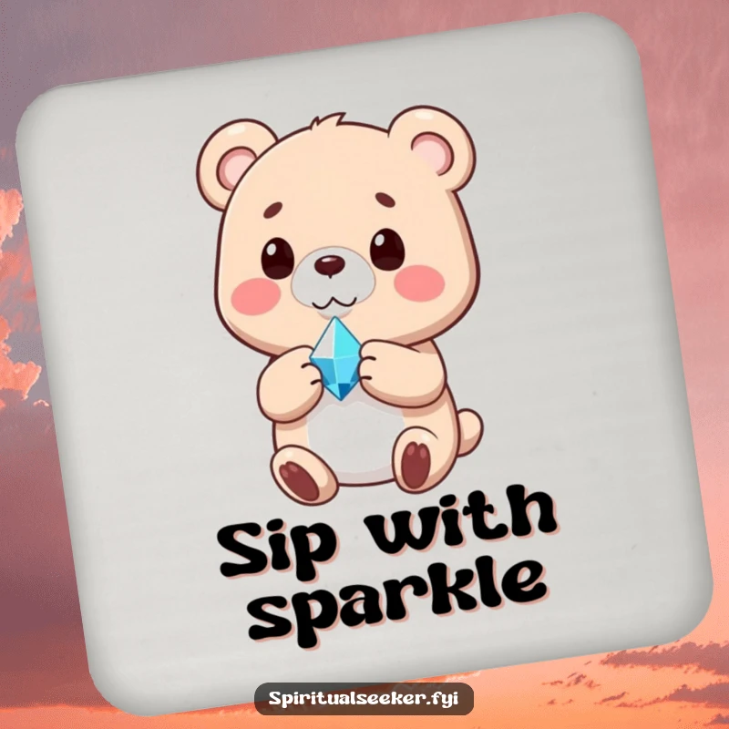 Funny drink coaster featuring a content bear holding a softly glowing crystal, bringing zen to any surface.