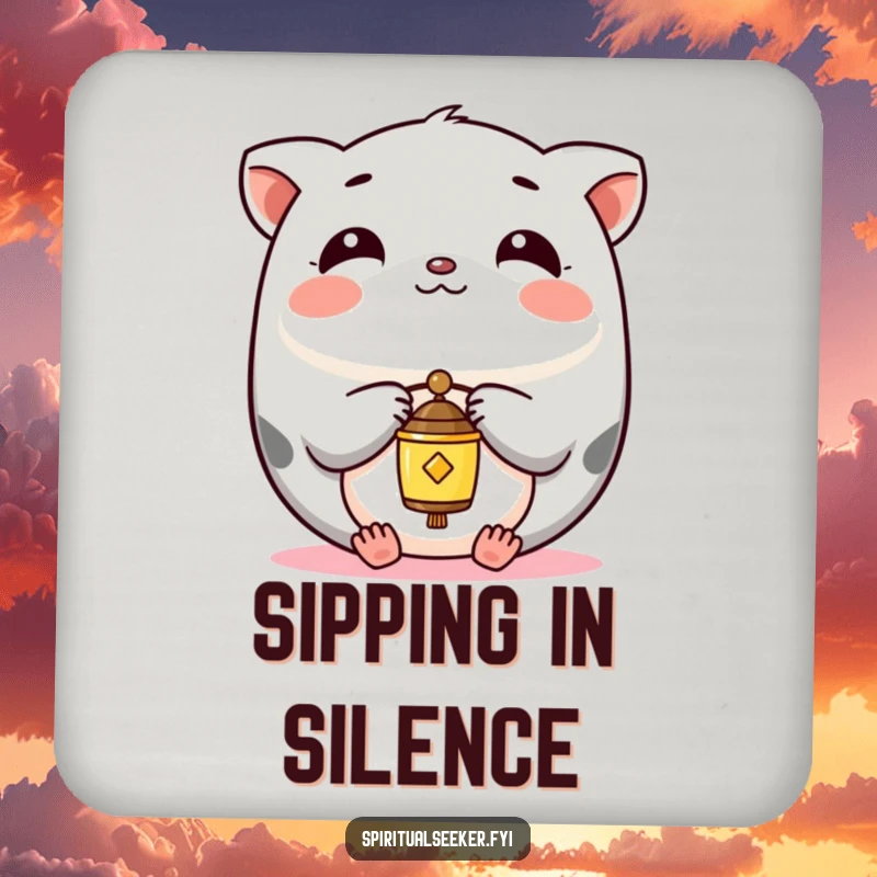 Funny Drink Coaster showing a serene Kawaii animal balancing a small chime, providing surface protection with gentle grace.