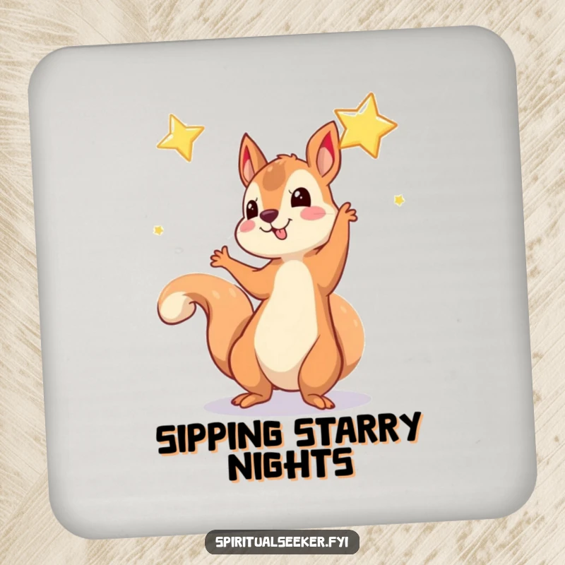 Funny Coaster: A playful squirrel illustration reaching for a shimmering star, protecting your surfaces.