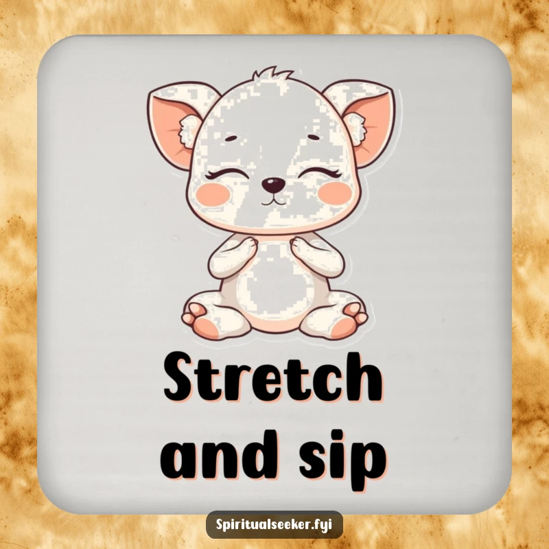 Funny Kawaii animal in a gentle yoga pose with eyes closed, depicted on coasters to add humorous, protective flair to any tabletop.