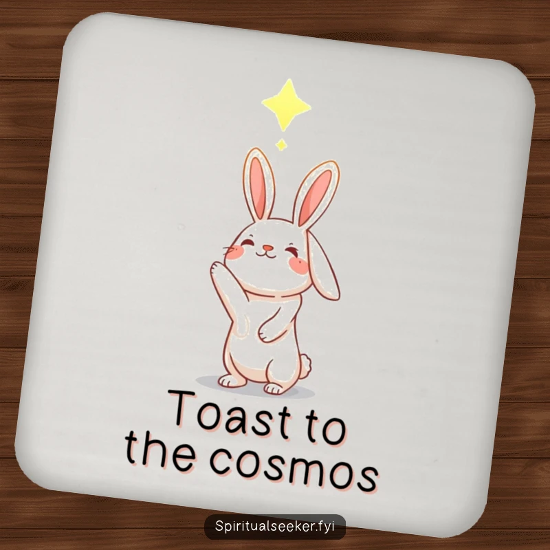 Funny hopeful rabbit coaster, character reaching for a glowing constellation, adding celestial charm to home decor.