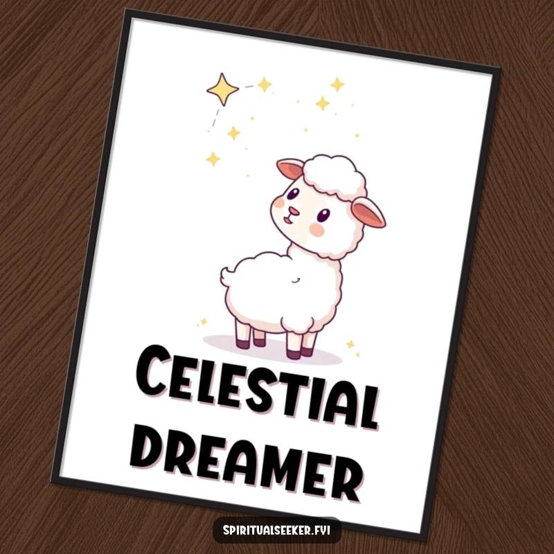 Funny kawaii sheep constellation poster, showcasing a charming sheep admiring the beauty of distant stars and galaxies.