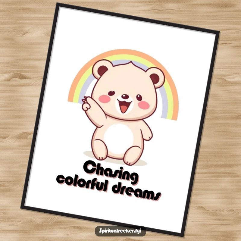 Funny poster: An overjoyed bear points to a spectacular rainbow, bringing vibrant hope to any room.