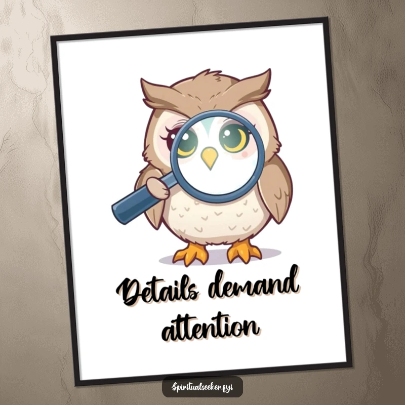 Funny owl aura poster featuring a curious bird using a magnifying glass on a shimmering aura, adding a touch of mystical intrigue.