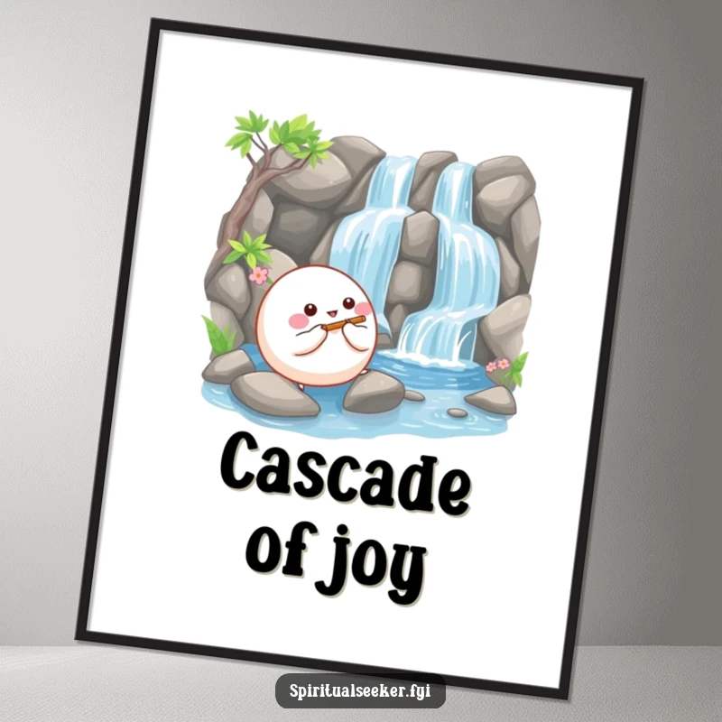 Funny poster of a happy, bouncy ball creature playing a tiny flute beside a serene waterfall, creating peaceful wall art.