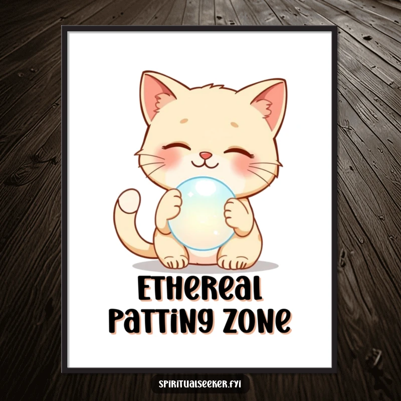 Funny cat poster featuring a smiling cat's gentle paw reaching for a glowing ethereal orb, a humorous piece of art.